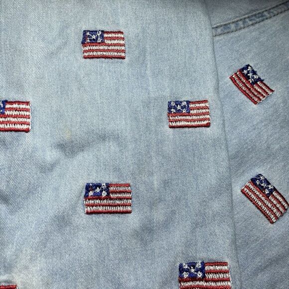 Vintage Denim Shirt Womens XL‎ 90s American Flag Shirt Denim Button Up Patriotic - Picture 3 of 8